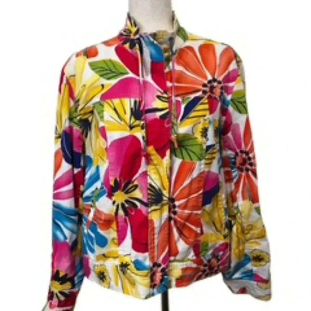 Coldwater Creek Zip Up Jacket Bright Floral‎ Long Sleeve Denim Women’s Size 14